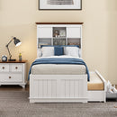 2 Pieces Wooden Captain Bedroom Set Twin Bed with Trundle and Nightstand,White+Walnut