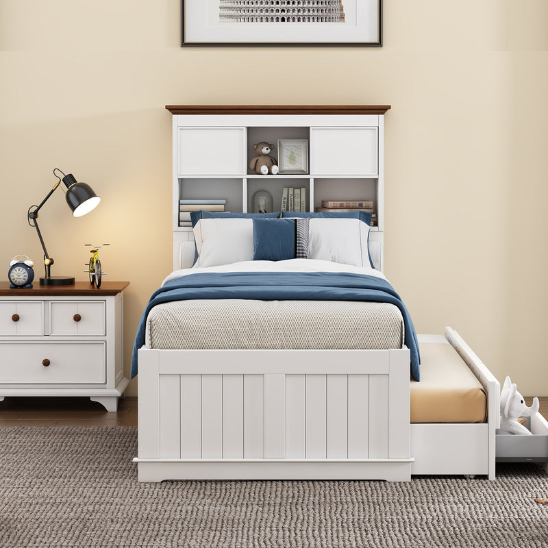2 Pieces Wooden Captain Bedroom Set Twin Bed with Trundle and Nightstand,White+Walnut