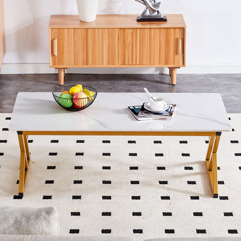A modern minimalist style white marble patterned coffee table with golden metal legs. Computer desk. Game table. Tea table. CT-XX