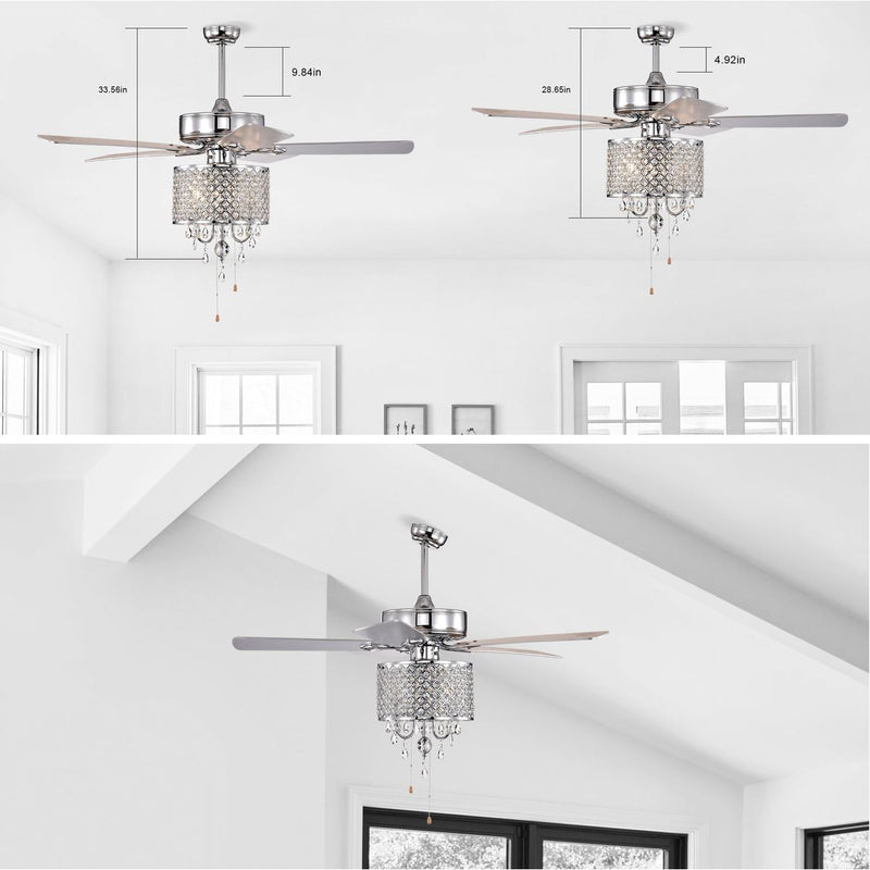 52'' Classical Crystal Ceiling Fan Lamp  3 Speed Hand Pull Chain (High, Mid, Low), 5 Reversible Blades for Living Room, Dining Room, Bedroom, Family Room, Chrome  ,3PCS*E12  (NO Include Bulb )