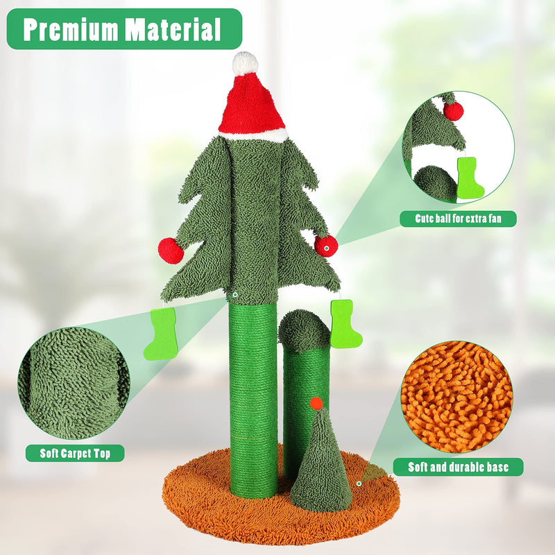 32" Cat Scratching Post, Tall Christmas Tree Cat Scratcher with 3 Posts and Cute Dangling Teaser Balls, Natural Sisal Rope Cat Toys for Kitty and Adult Cats
