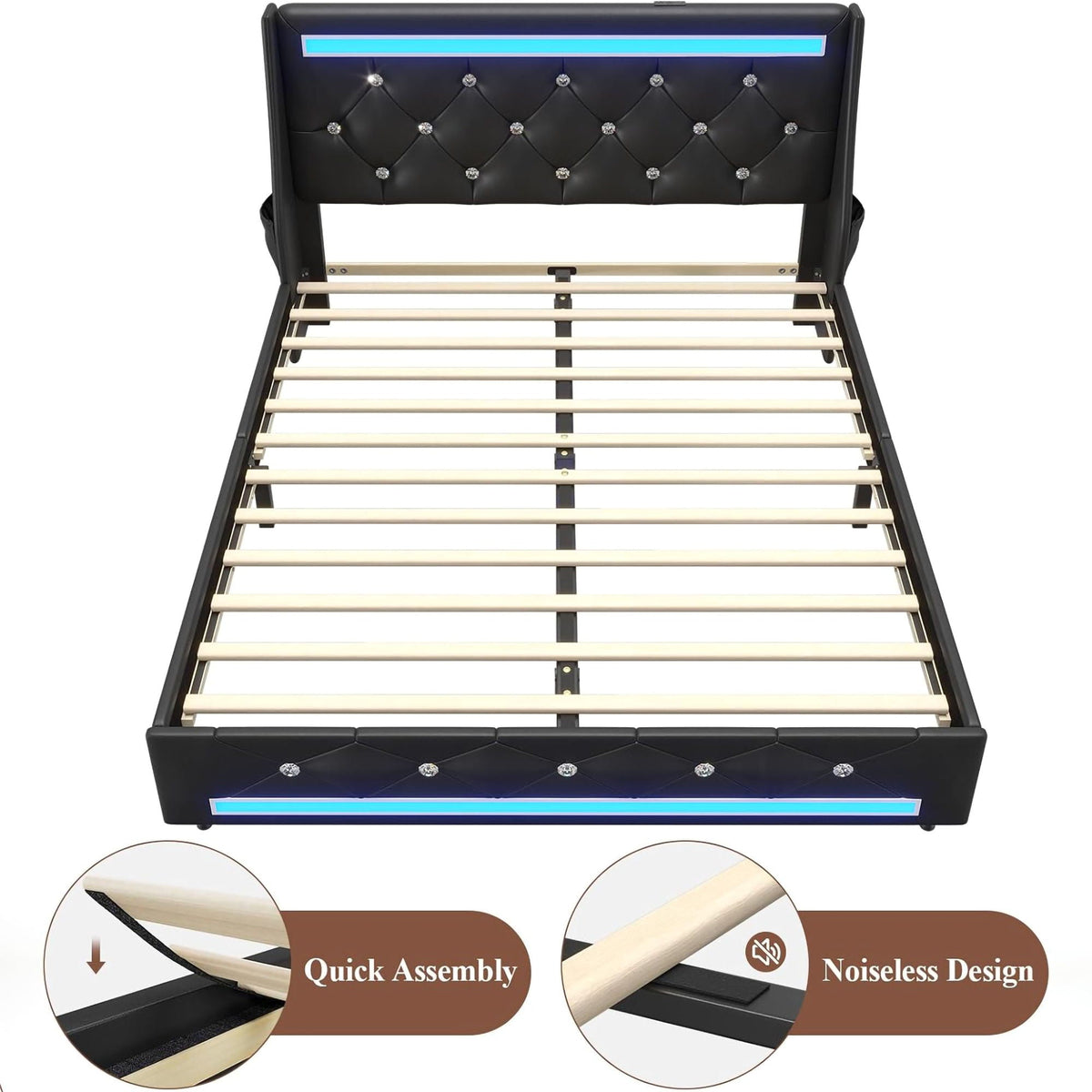 Wingback Upholstered Bed Frame With LED Lights, Charging Station, photo 20 of 40
