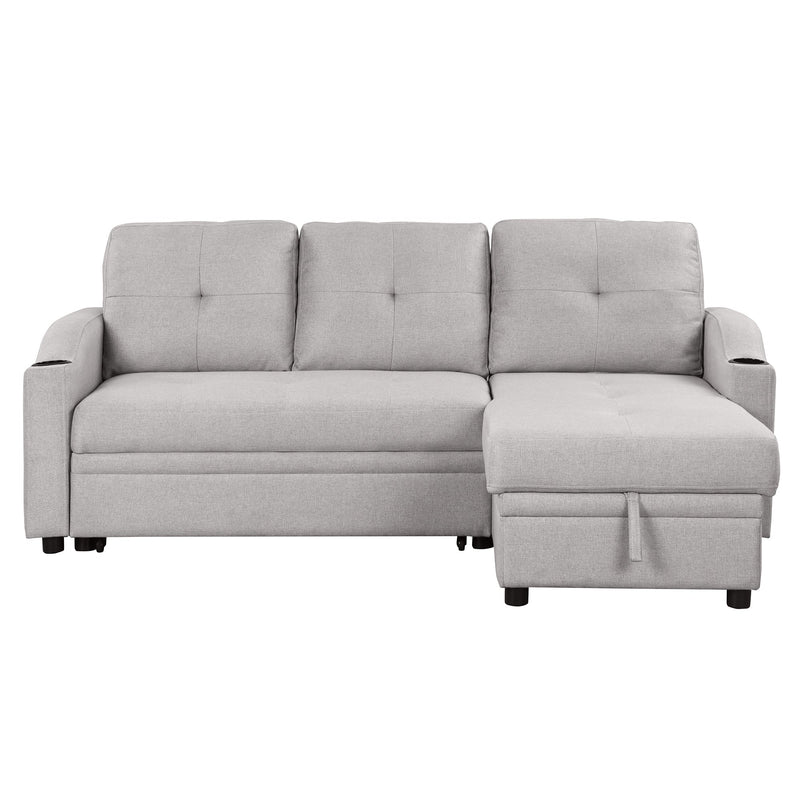 80.3" Pull Out Sofa Bed Modern Padded Upholstered Sofa Bed, Linen Fabric 3 Seater Couch with Storage Chaise and Cup Holder, Small Couch for Small Spaces