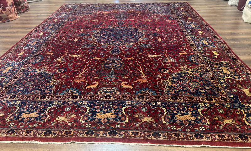 Antique Indo Persian Kerman Rug 9x12 Red Manchester Wool Animal Pictorials, Fine 290 KPSI
