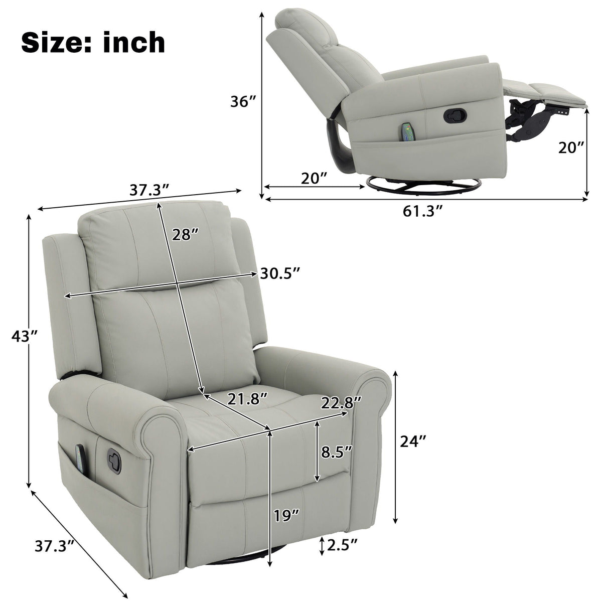 Manual Recliner Chair With 270 Degree Swivel, Massage & Heating, Dual Reclining Positions, photo 7 of 14