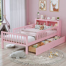 Bed With Headboard Storage Rack, 2 Under Bed Drawers, 3 Side Guardrails For Safety