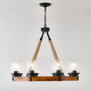 8 Light Rustic Wagon Wheel Chandelier, 31" Wooden Pendant Light with Seeded Glass Shade