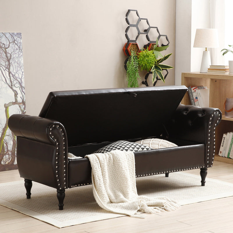 63" PU Upholstered End of Bed Bench Flip Top Entryway Ottoman with Safety Hinge Storage Rectangular Sofa Stool Buttons Tufted Nailhead Trimmed Solid Wood Legs with 1 Pillow, Brown