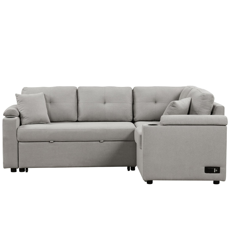87.4" L-shape Sofa Bed Pull-out Sleeper Sofa with Wheels, USB Ports, Power Sockets for Living Room, Grey