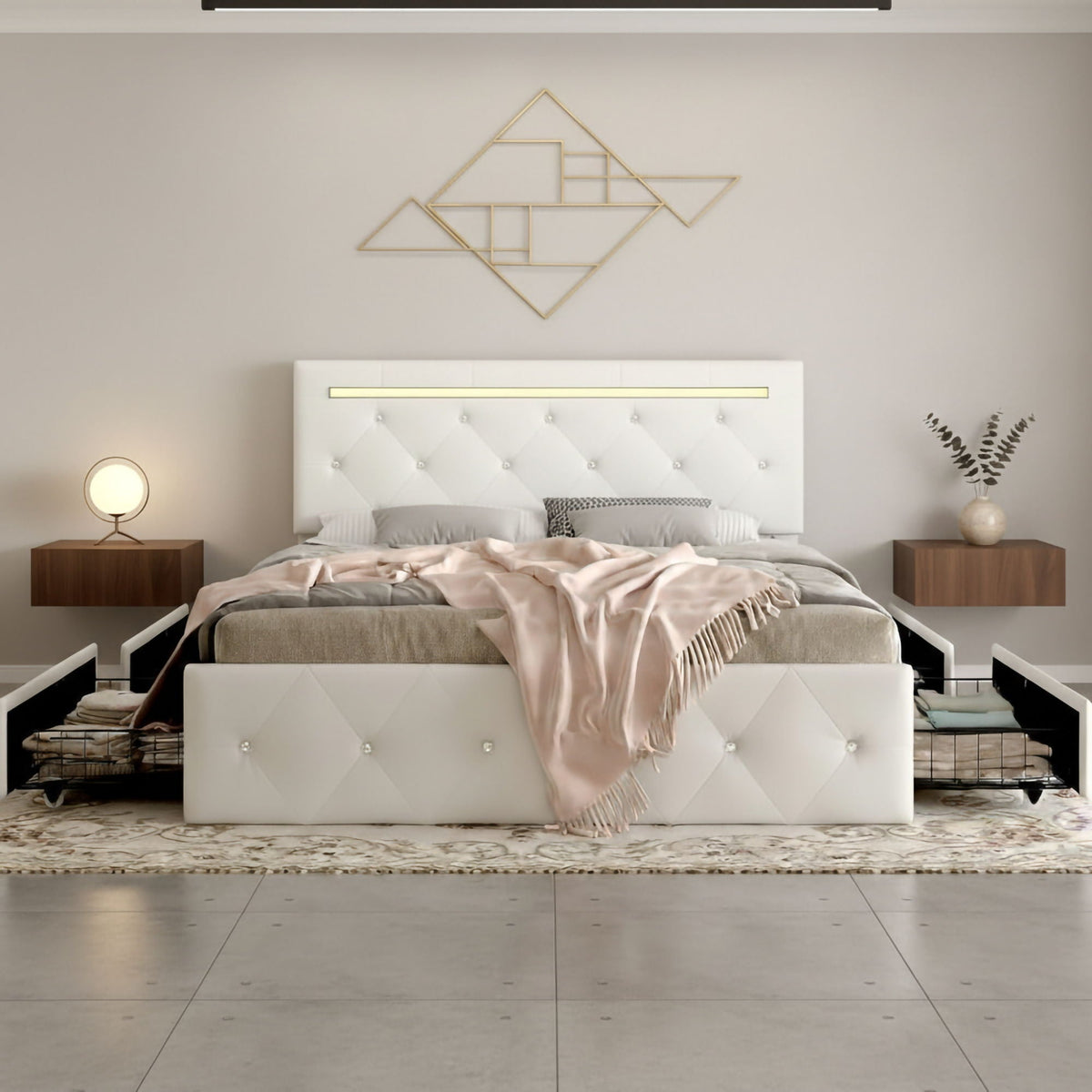 Upholstered Bed Frame With LED Lights, 4 Storage Drawers, Charging Station, photo 12 of 31