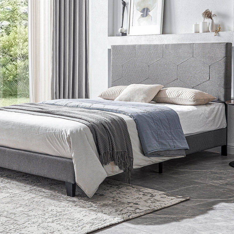 Queen Size Upholstered Platform Bed Frame, Wood Slat Support, Easy Assembly,Grey