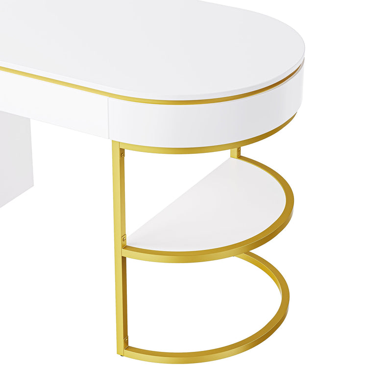 60"Modern Executive Desk,White Curved Computer Desk with Gold Metal Legs,3-Drawers Home Office Desk,Writing Desk with 1 Storage Cabinet for Home Office,Living Room,Gold+White