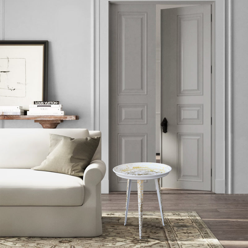 20 Inch Artisanal Industrial Round Tray Top Iron Side End Table, Tripod Base, Distressed White, Gold