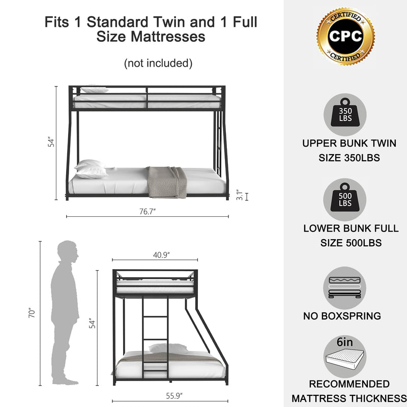 Adam Sturdy Twin over Full Metal Bunk Black for Kids and Adult, Low Profile and Easy Climbing with Stable Ladder