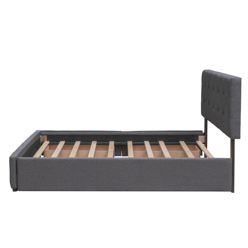 Upholstered Platform Bed with 2 Drawers and 1 Twin XL Trundle, Linen Fabric, Queen Size - Dark Gray