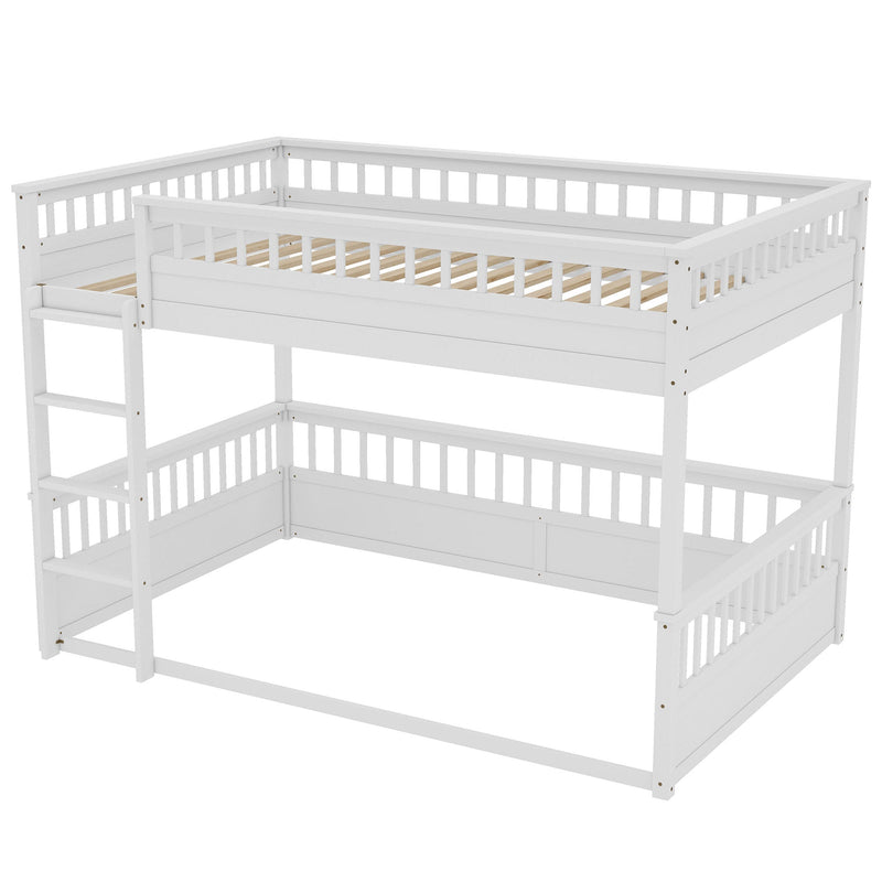 Queen over Queen Bunk Bed with Ladder and Guardrails, White