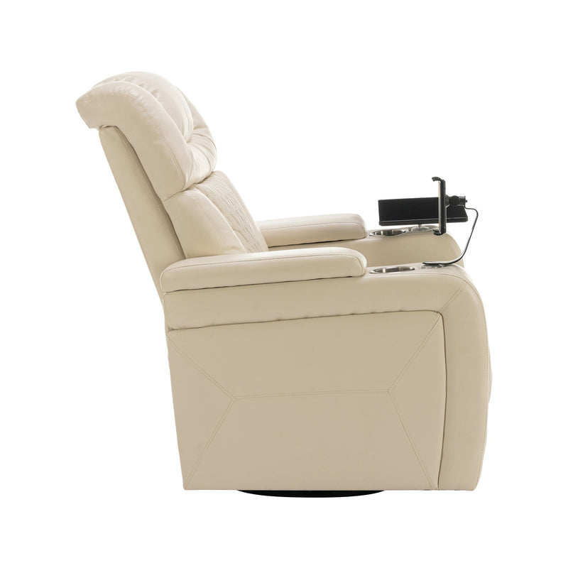 270 Degree Swivel PU Leather Power Recliner Individual Seat Home Theater Recliner with Comforable Backrest, Tray Table, Phone Holder, Cup Holder, USB Port, Hidden Arm Storage for Living Room, White