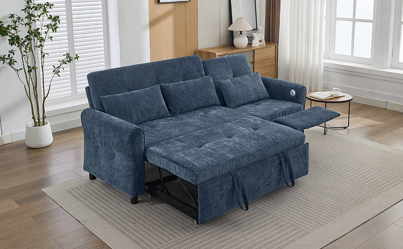 2-in-1 Sofa 82' Three-seater Sofa with Sofa Bed and Reversible Recliner, Blue Chenille