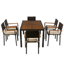 7 piece Outdoor Patio Wicker Dining Set Patio Wicker Furniture Dining Set w/Acacia Wood Top Brown Wicker + Cream Cushion