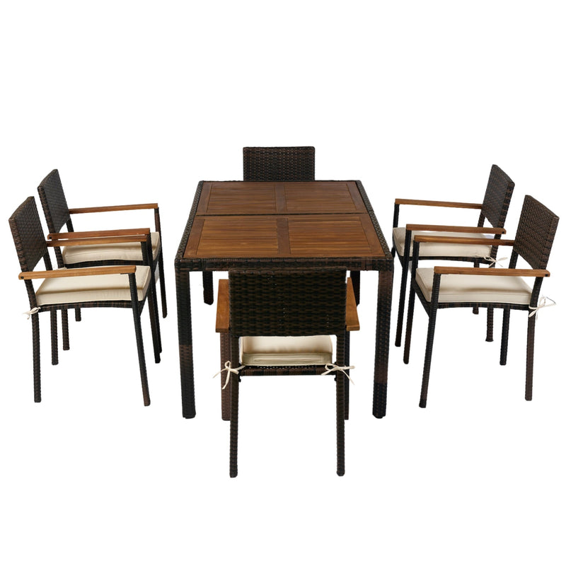 7 piece Outdoor Patio Wicker Dining Set Patio Wicker Furniture Dining Set w/Acacia Wood Top Brown Wicker + Cream Cushion