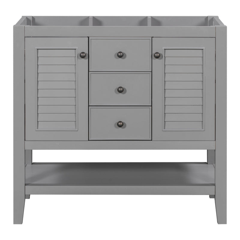 36" Bathroom Vanity without Sink, Cabinet Base Only, Two Cabinets and Drawers, Open Shelf, Solid Wood Frame, Grey