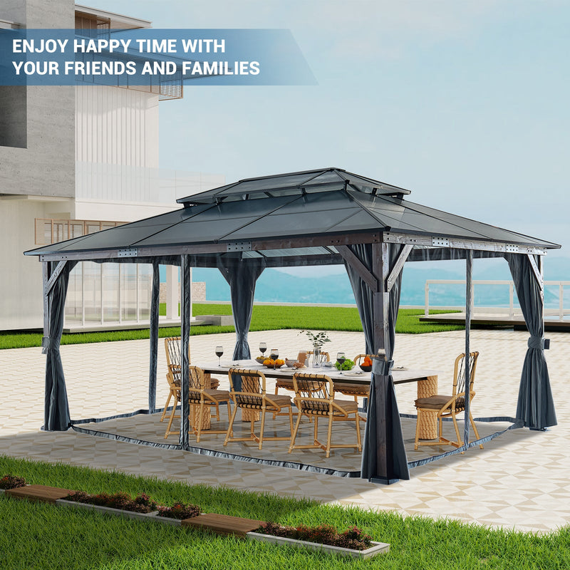 12' x 16' Hardtop Cedar Wood Gazebo for Patios, Outdoor Cedar Framed Gazebo with Double Metal Roof, Solid Wooden Framed Gazebo with Privacy Curtains and Mosquito Nettings for Garden, Backyard