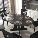 Dining Table For Farmhouse Kitchen Expandable Oval Table Top With Removable Leaf Trestle X Shaped Base - Black by HouseOfZazla