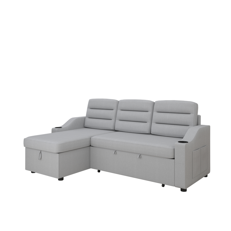 83.5" Convertible Sleeper Combo Sofa, Convertible Sofa Bed Polyester Pullout Bed with Storage Recliner and Cup Holder for Living Room, Tight Spaces