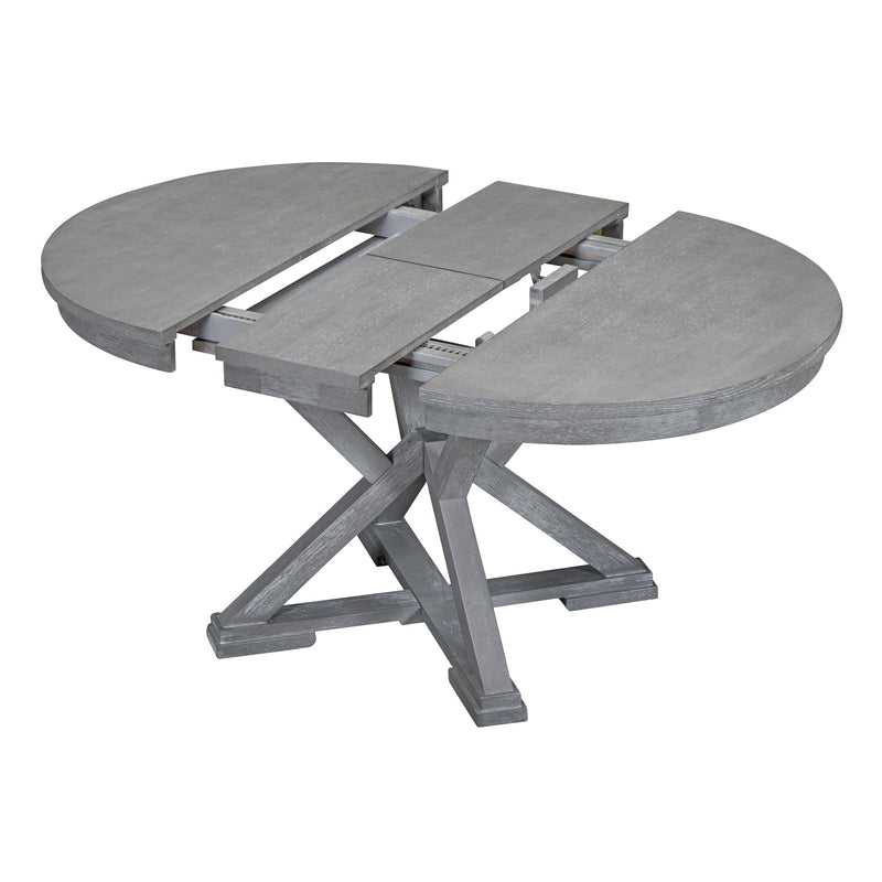 5-Piece Retro Functional Dining Table Set Extendable Round Table and 4 Upholstered Chairs for Dining Room and Living Room (Grey)
