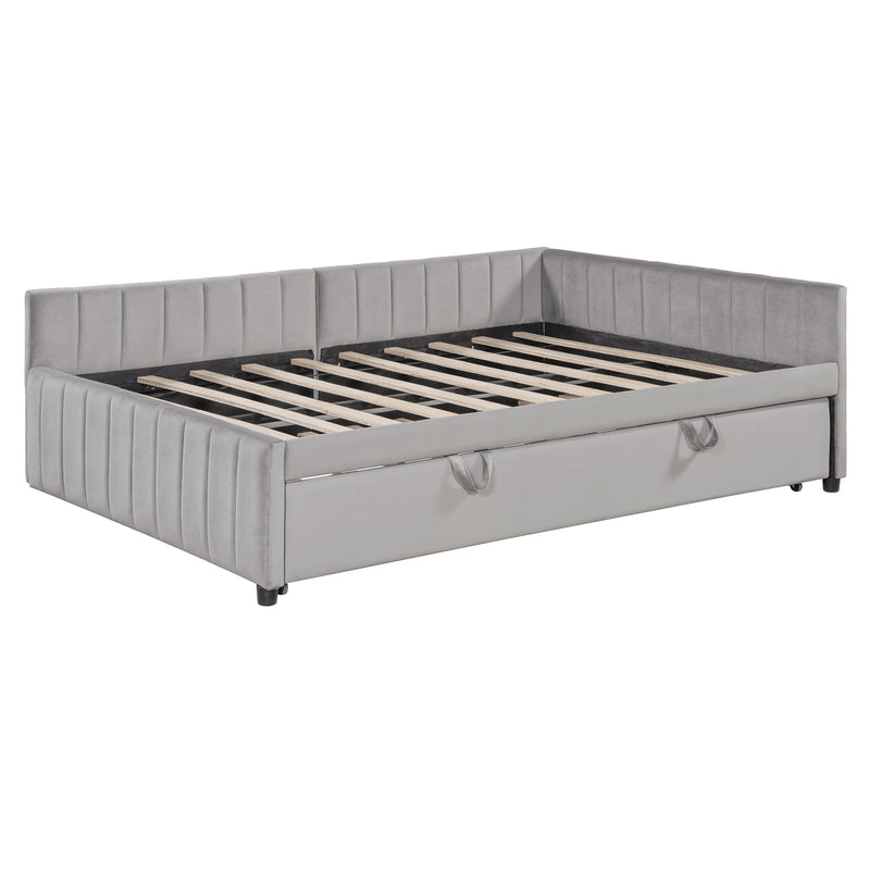 Full Size Upholstered L-Shaped Upholstered Daybed with Twin
Size Pop Up Trundle, Gray