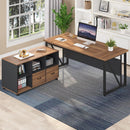 L-Shaped Executive Desk With Mobile File Cabinet, Large Home Office Workstation With Drawers And Shelves - Brown / Black by HouseOfZazla