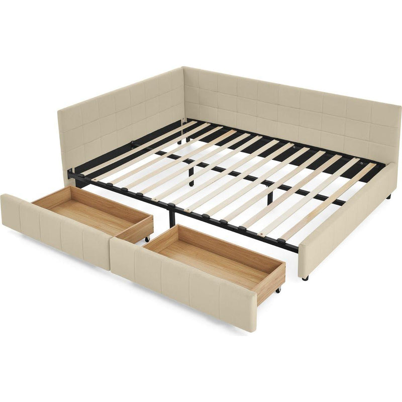 Queen Size Storage Upholstered Tufted Bed Frame, Sofa Bed Frame with Comfortable Backrest and Armrests, Queen Size Bed for Bedroom, Living Room,Velvet, BEIGE(85.5''*64.5''*29.5'')