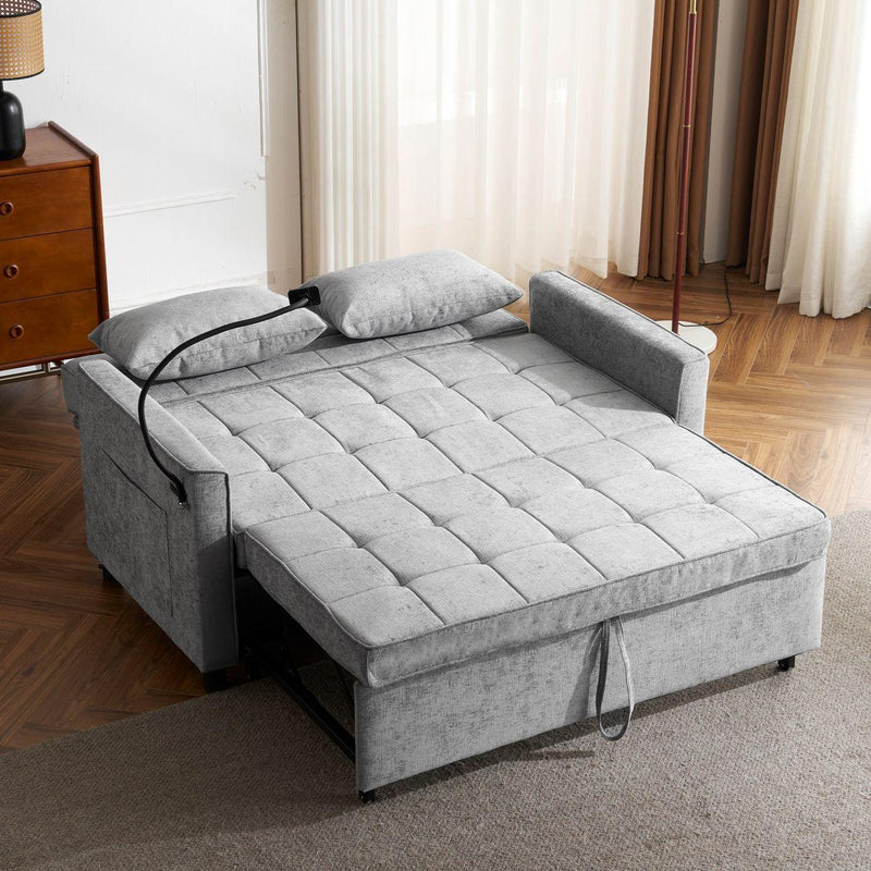 56.9' Loveseat Sofa Pull-out Sofa Bed Sleeper Sofa with a Reversible Backrest Cushion, Side Pockets, Two USB Ports and a Phone Holder for Living Room, Grey