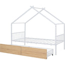 Twin Size Metal House Bed with Two Drawers, White