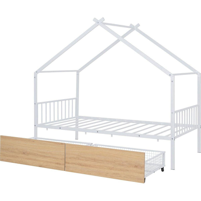 Twin Size Metal House Bed with Two Drawers, White