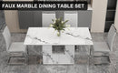 A simple dining table. A dining table with a white marble pattern. 4 PU synthetic leather high backrest cushioned side chairs with C-shaped silver metal legs. DT-SQ-16090-wh