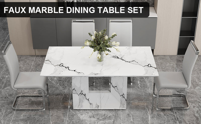 A simple dining table. A dining table with a white marble pattern. 4 PU synthetic leather high backrest cushioned side chairs with C-shaped silver metal legs. DT-SQ-16090-wh