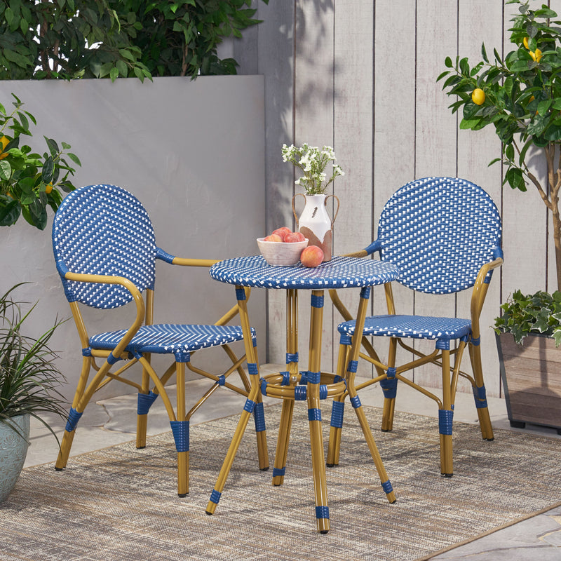 Walker Edison - Outdoor PE Rattan and Aluminum 3 Piece French Bistro Set, Dark Teal & White, and Bamboo Finish