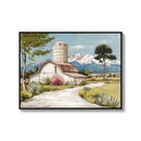 Framed Canvas Wall Art Beautiful Field Painting Wildflower Barn Print Nature Scenery Picture For Home - Blue / Pink by HouseOfZazla