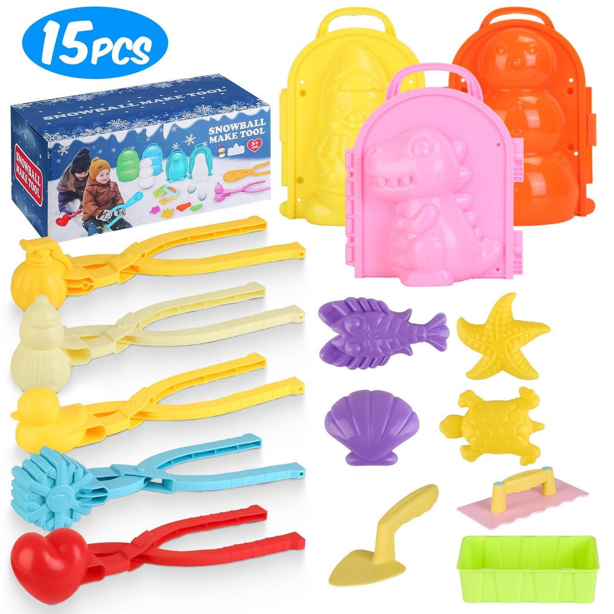 15Pcs Winter Snowball Tool Kit Kids Snow Molds Outdoor Snow Beach Toys for Kids Toddlers Adults Snowman Snowflake Duck Dinosaur, photo 12 of 14