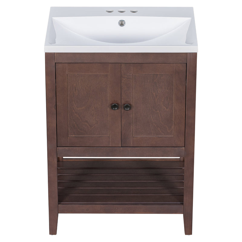 24" Brown Modern Sleek Bathroom Vanity Elegant Ceramic Sink with Solid Wood Frame Open Style Shelf