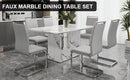 A simple dining table. A dining table with a white marble pattern. 4 PU synthetic leather high backrest cushioned side chairs with C-shaped silver metal legs. DT-SQ-16090-wh