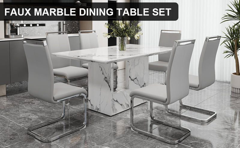 A simple dining table. A dining table with a white marble pattern. 4 PU synthetic leather high backrest cushioned side chairs with C-shaped silver metal legs. DT-SQ-16090-wh
