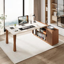 L-Shaped Executive Desk With Storage Cabinet, Home Office Workstation With Shelves - White / Walnut by HouseOfZazla