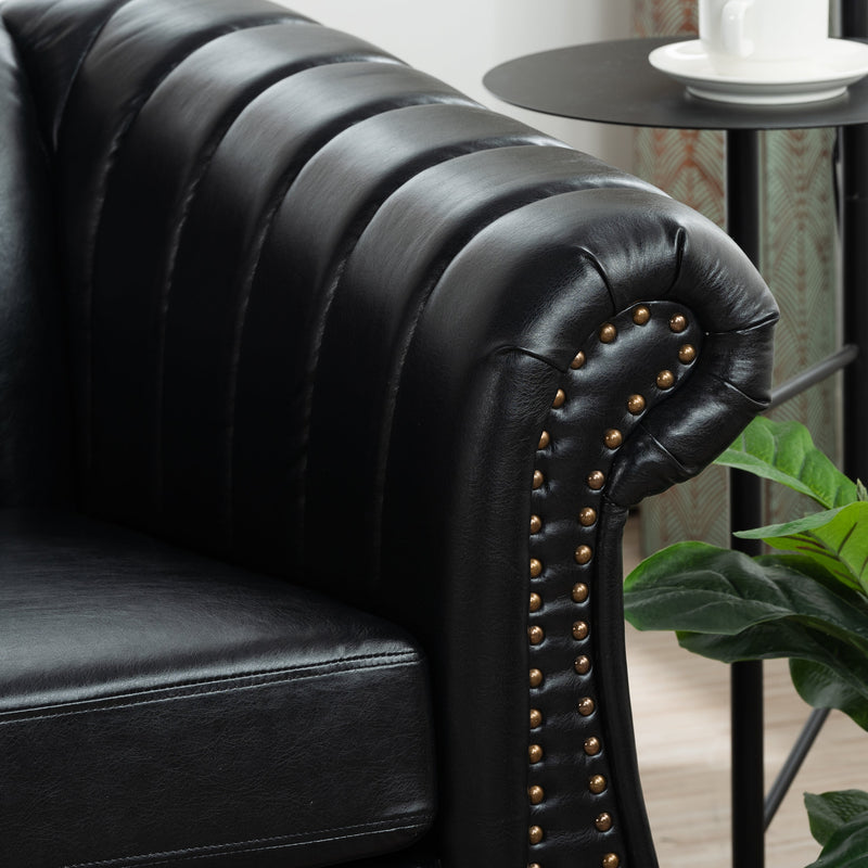 83.46" Black PU Rolled Arm Chesterfield Three Seater Sofa.