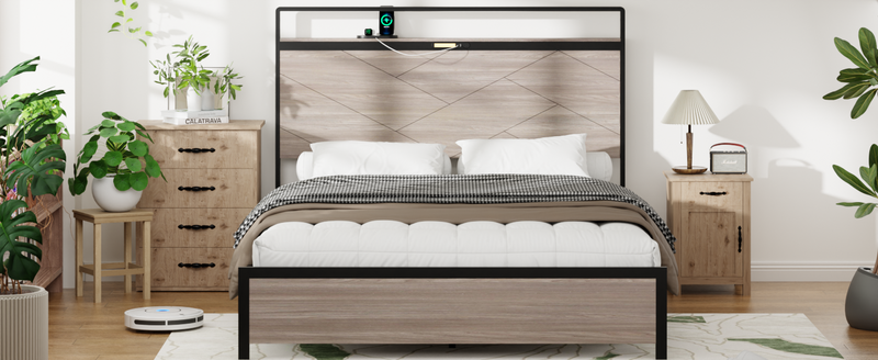 Bed frame king size, wooden platform bed frame with storage LED light headboard and 2 USB, no noise, no spring mattress required and simple assembly tools, large underbed storage, Antique Grey