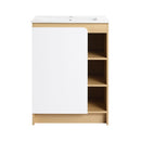 Freestanding Bathroom Vanity With Thin Rim Sink, Single Door With 4 Tier Open Shelves - Light Oak / White
