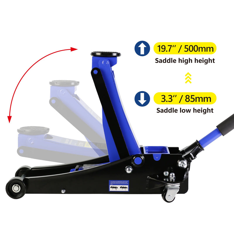 3t Low Profile Jack, Blue and Black, Ultra Low Floor Jack with Dual Pistons Quick Lift Pump, Car Jack Hydraulic AutoLifts for Home Garage, Truck Jack Hydraulic