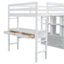 Full Size Loft Bed With Built In Desk, 2 Drawers, Storage Shelves - White