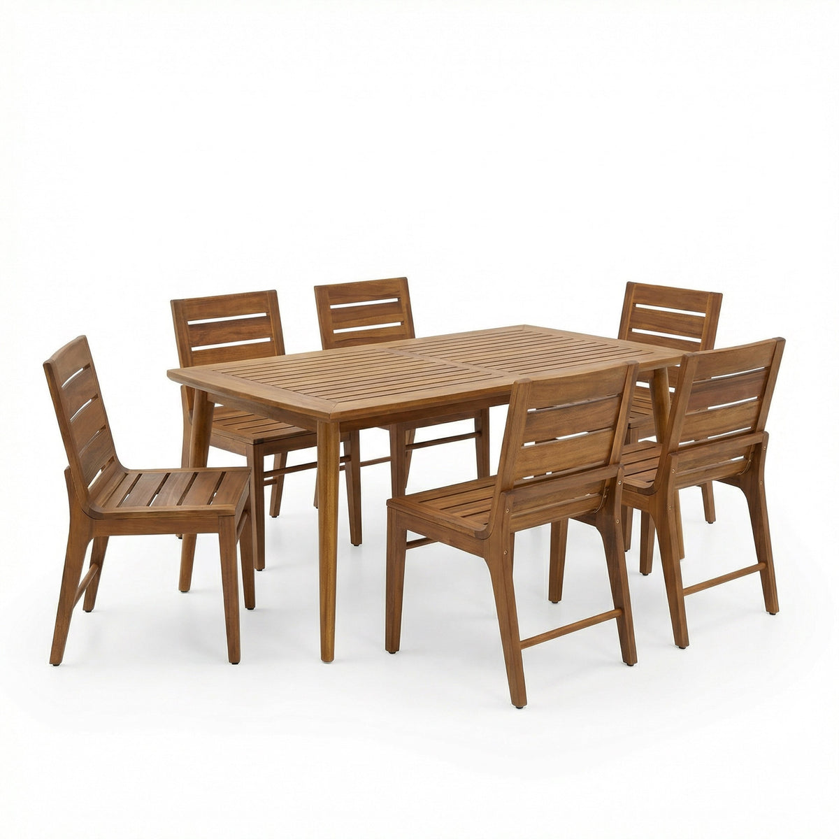 7 Piece Outdoor Acacia Wood Dining Set, 71" Teak Finish Rectangular Table with 6 Slatted Back Chairs, photo 2 of 10